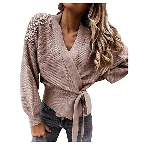 Traumzimmer Strickjacken Traumzimmer Damen Strickpullover Langarm V-Ausschnitt Bowknot Pearl Einfarbig Pullover Warm Oberteil Tops Streifen Sweater Elegant Herbst Winter Sweatshirt