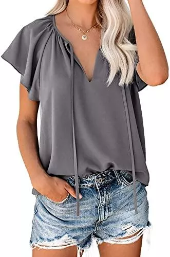 OWBB Kurzarmblusen Owbb Damen Blusen Sommer Kurzarm Tunika T-Shirt Top Bluse V-Ausschnitt Casual Loose Fit top