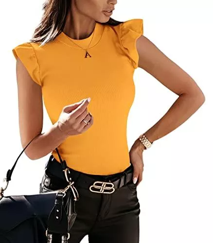 YBENLOVER Kurzarmblusen YBENLOVER Damen Tops Rundhals T-Shirt Sommer ärmellose Oberteile Elegant Tanks Bluse