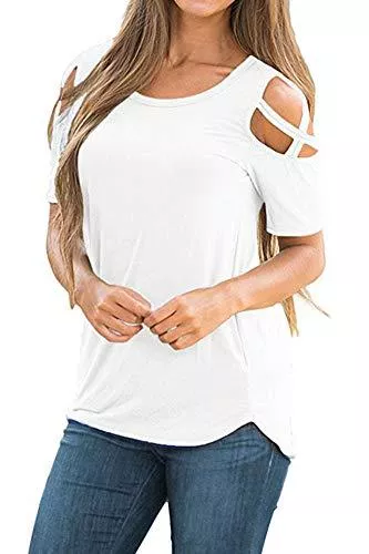 ADREAMLY Kurzarmblusen ADREAMLY Damen Casual Sommer Kurze Ärmel lose Riemchen kalte Schulter Tops Basic T Shirts Blusen