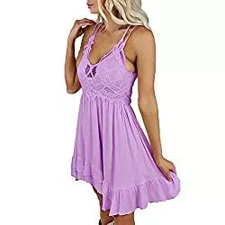 SGRYR Freizeit Sommerkleid Damen Knielang Einfarbig Sexy Strandkleid Spitze Hosenträger Knielanges Kleid Abendkleid