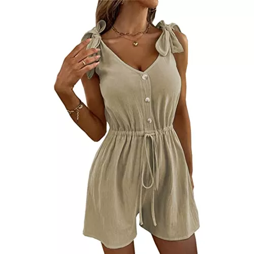 Cocoarm Jumpsuits Cocoarm Jumpsuit Damen Sommer ärmellos Overall mit Schulterbindung und Kordelzug V-Ausschnitt Einfarbig Kurzer Strampler Knopfleiste Weite Beine Spielanzug