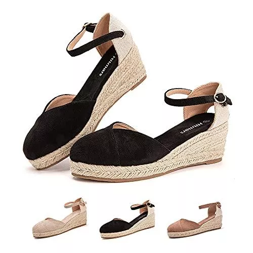 Hitmars Sandalen & Slides Plateau Sandalen Damen Espadrilles mit Keilabsatz Keilsandalen Absatz Espandrillos Sommer Frauen Schuhe Geschlossene Schwarz Braun Grau 36 EU-43 EU