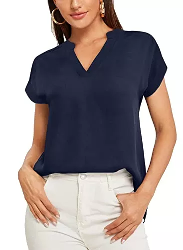 Parabler Kurzarmblusen Parabler Damen Elegant Bluse Chiffon Einfarbig V-Ausschnitt Kurzarm Lässig Oberteile Hemd blusen Shit Oberteile Tops Frauen Sommer Loose fit