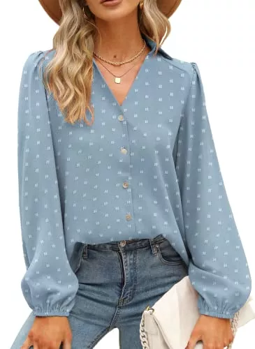 Odosalii Langarmblusen Odosalii Damen V-Ausschnitt Swiss Dot Bluse Langarm Chiffon Knopfleiste Oberteile Lose Tunika Tops Longshirt Hemd