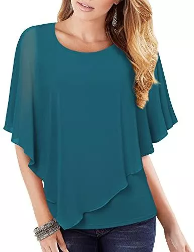 VAFOLY Langarmblusen VAFOLY Damen Chiffon Lose Fledermaus Bluse mit Kurzen Flatter ärmel Leichte Fließende Bluse Rundhalsausschnitt Doppellagige Poncho Tuniken
