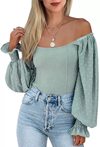 ASOMI Langarmblusen ASOMI Pullover Damen Sexy Langarmshirt Elegant Puffärmel Bluse Schulterfrei Polka Dot Tunika Oberteile T-Shirt Top