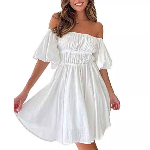 PEJPYMC Freizeit PEJPYMC Damenkleid schulterfrei mit Puffärmeln gekräuselt A-Linie kurze Minikleider