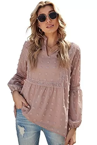 Meufam Langarmblusen Damen Bluse V-Ausschnitt Langarm Tunika Vintage Boho Oberteile Shirts Tops Spitze Laternenärmel Lose Sweatshirt Langarmshirt Herbst