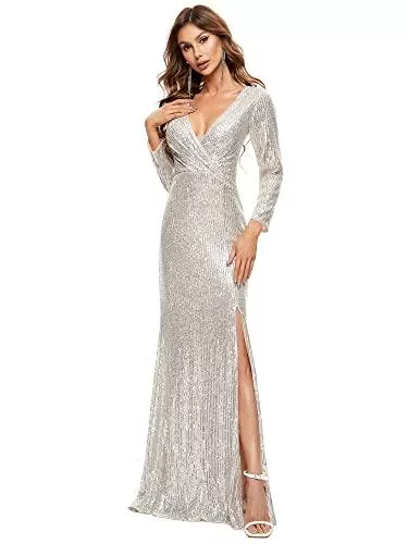 Ever-Pretty Abendkleider Ever-Pretty Damen V-Ausschnitt Lange Ärmel Elegant Meerjungfrau Pailletten Abendkleid 00824