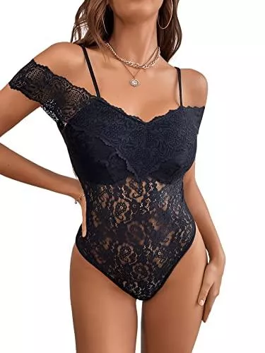SheIn Unterwäsche & Dessous SheIn Damen Schulterfrei Spitzenbody Schmaler Bodysuit Spitze Applikation Bodys