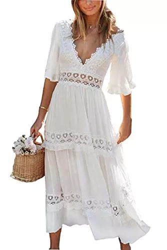 Loalirando Freizeit Loalirando Damen Kleider Böhmen Sommerkleid Kurzarm Hohe Taille Maxikleid V-Ausschnitt Lang Casual Rüschenkleid