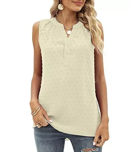 Bequemer Laden Ärmellose Blusen Bequemer Laden Damen Sommer Ärmellose Tshirt Tank Top V-Ausschnitt Knopfleiste Swiss Dot Casual Tops Oberteile T-Shirt Bluse