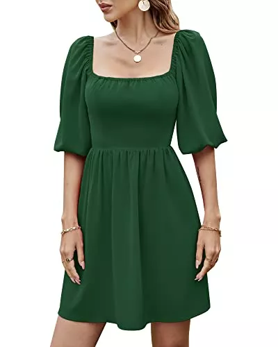 Bequemer Laden Freizeit Bequemer Laden Damen Quadratischer Ausschnitt Halbe Puffy Ärmel Kleid Hohe Taille A-Linie Schwingen Kurze Kleider Sommerkleid Cocktailkleid Strandkleid Minikleid