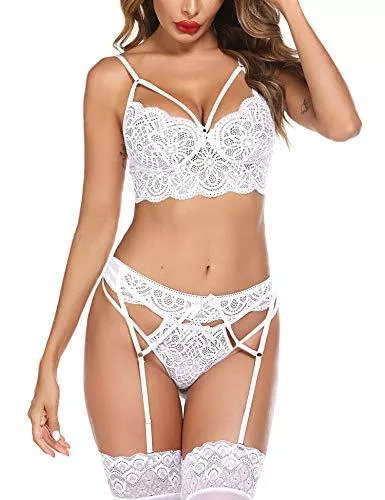 Lucyme Unterwäsche & Dessous Lucyme Damen Dessous Set Unterwäsche Frauen Flirty Lingerie Sexy Babydoll Dessous Spitze BH und Slip Reizwäsche Push up BH + Panty + Strumpfhalter für Frauen
