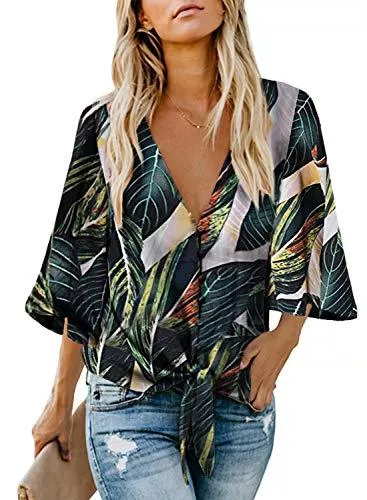 FIYOTE Kurzarmblusen FIYOTE Bluse Elegant Damen Hemd Lose Tops mit 3 4 Arm Knopf Top Tunika Chiffon Oberteile V-Ausschnitt Hemd Fledermausärmel Lose S/M/L/XL/XXL