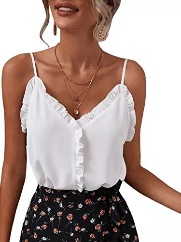 SheIn Tops SheIn Damen Cami Top Camisole Rüschen Oberteile Spaghettiträger Tanktop Sommer Ärmellos Shirts Untershirts mit V-Ausschnitt