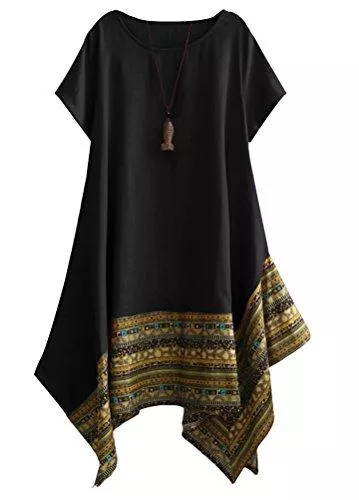Vogstyle Shirts & Tops Vogstyle Damen Sommer Kleid Kurzarm Unregelmäßige Saum Ethnisch Mischfarben Baumwolle Leinen Lang Bluse Shirt