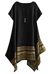 Vogstyle Shirts & Tops Vogstyle Damen Sommer Kleid Kurzarm Unregelmäßige Saum Ethnisch Mischfarben Baumwolle Leinen Lang Bluse Shirt