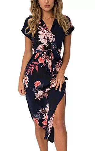 ECOWISH Freizeit ECOWISH Sommerkleider Damen Kurzarm V-Ausschnitt Strand Blumen Kleider Abendkleid Knielang