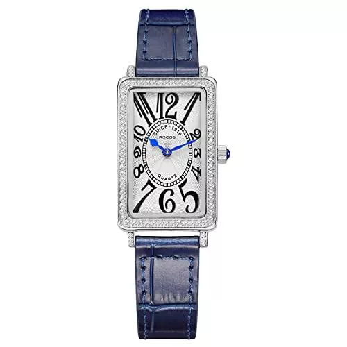 ROCOSJEWE Uhren Damen Ultradünne Uhren Rechteckige Gold Lünette Blau Zwei-Zeiger Quarz Analoguhr Lederarmband Freizeit &amp; Kleid R0245