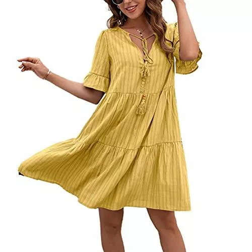 MEYOCEYO Freizeit MEYOCEYO Sommerkleid Damen Knielang V Ausschnitt Freizeitkleid Kurzarm Elegant Strandkleid Lose Bequem Volant Kleid