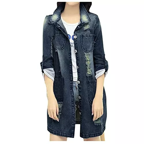 Generic Jacken Generic Lange Jeansjacke Damen Übergröße Jacke Mantel Talliert Denim Jacket Blouson Outwear Mode Boyfriend Stil Streetwear Herbst Frühling Coat