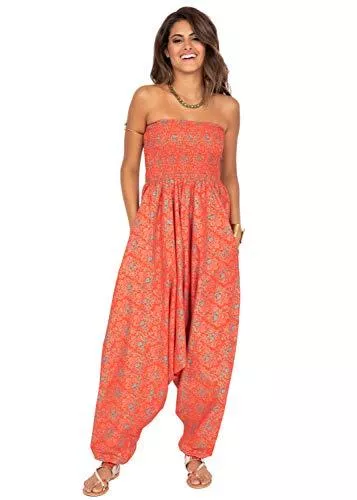 likemary Jumpsuits likemary Einteiler Haremshose Damen: elegant, casual &amp; leicht - gemusterter 2-in-1 Harem- Jumpsuit - als leichtes Sommer-Outfit: ärmellos, schulterfrei, rückenfrei