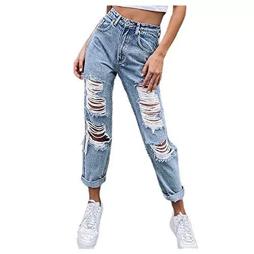 Briskorry Jeans Briskorry High Waist Löcher Jeans Damen Baggy Zerrissene Jeanshose, Freizeit Straight Wide Leg E-Girl Style Jeans, Harajuku 90er Jahre Hip Hop Gerade Trousers