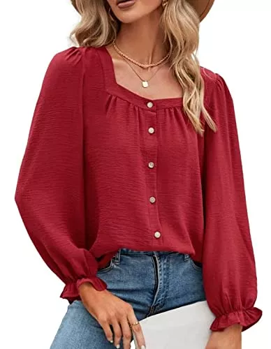 Odosalii Langarmblusen Odosalii Bluse Damen Langarm Laternenhülse Eckiger Ausschnitt Knopfleiste Oberteile Elegant Sexy Tunika Tops Basic Shirt