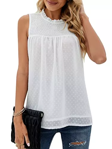 Bequemer Laden Ärmellose Blusen Bequemer Laden Damen Sommer Casual Top Rundhals Ärmellos T Shirt Chiffon Oberteile Swiss Dot Rüschen Tops T-Shirt Bluse