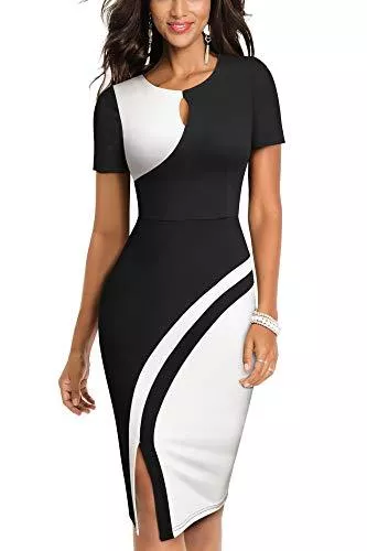 HOMEYEE Business HOMEYEE Damen Vintage Hollow Out Kontrastfarbe Stretch Business Kleid B571