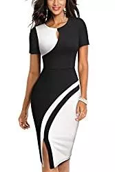 HOMEYEE Business HOMEYEE Damen Vintage Hollow Out Kontrastfarbe Stretch Business Kleid B571