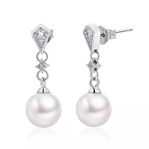 KRKC &amp; CO keep real keep champion Schmuck KRKC&amp;CO Perlenohrringe 925 Silber, Hypoallergen Weißgold/Rosegold beschichtet Damen Hängend Ohrringe, 8/10mm Weiß Rund Perlen, mit Zirkonia, Geburtstag Geschenke für Frauen Freundin Mutter