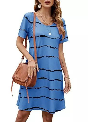 Bequemer Laden Freizeit Bequemer Laden Damen Sommer Casual Kurzarm Rundhals T-Shirt Kleid Swing Kleider Knielang Elegant Sommerkleid Strandkleid mit Taschen Einfarbig/Blumen