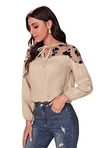SheIn Langarmblusen SheIn Damen Bluse mit Mesh Schleife Knoten Elegant Langarm Oberteil Tunika Freizeit Blusen