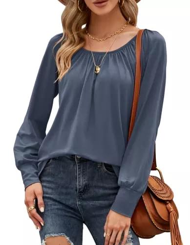 Odosalii Langarmblusen Odosalii Damen Oberteile Rüsche Rundhals Langarmshirt Elegant Lässige Plissiert Tunika Bluse Lockerer Tops T-Shirt