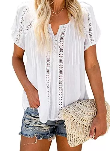 Dokotoo Kurzarmblusen Dokotoo Damen Bluse Sommer Kurzarm Oberteile Spitzen Aushöhlen T-Shirt Casual V-Ausschnitt Shirts Tops S-XXL