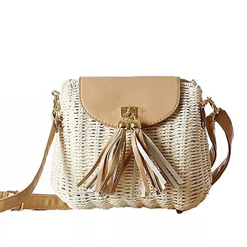 Jilibaba Taschen & Rucksäcke Jilibaba Damen Rattan-Tasche Weidentasche mit Quaste Vintage Handgewebt Strandtasche Schultertasche Crossbody Tasche