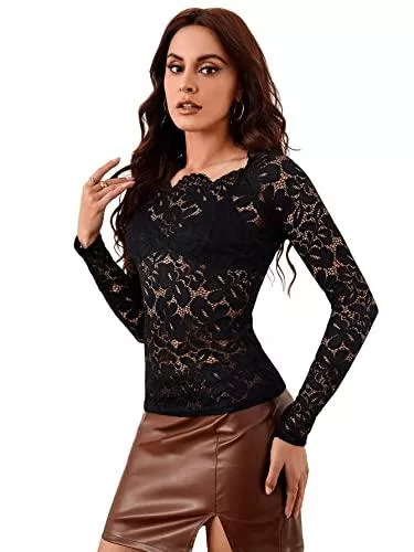 SheIn Langarmshirts SheIn Damen Spitzentop Asymmetrischer Ausschnitt Langarmshirt Oberteil Durchsichtige Spitze Tops mit Blumenspitze