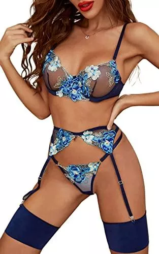 Kimlyf Unterwäsche & Dessous Kimlyf Dessous Damen Sexy Unterwäsche Reizwäsche Frau Set mit BH und Slip mit Bein Band 4 Stück innen Blau