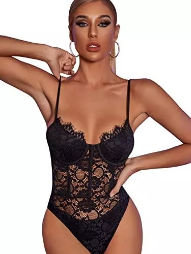 SheIn Unterwäsche & Dessous SheIn Damen Spitzen Bodysuits Transparenter Bodys Spaghettiträger Bodies Spaghettiträger Oberteil