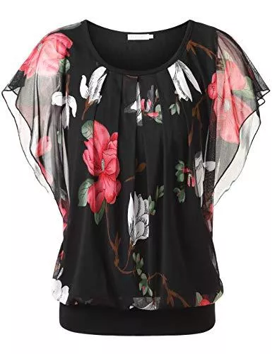 BAISHENGGT Kurzarmblusen BAISHENGGT Damen Falten Kurzarm Tunika Batwing Rundkragen Bluse