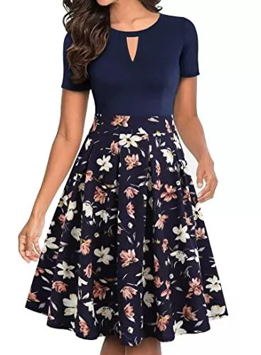 Leezepro Cocktail Leezepro Damen-Sommerkleid mit kurzen Ärmeln, Kleid mit Reißverschluss, hinter Damen, Kleid aus Rundhalsausschnitt, elegant, Cocktail-Abendkleid