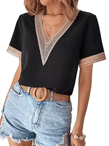 SheIn Kurzarmblusen SheIn Damen Elegant Bluse mit Spitzenbesatz Sommer Kurzarm Tunika Oberteil Spitzentops mit V-Ausschnitt