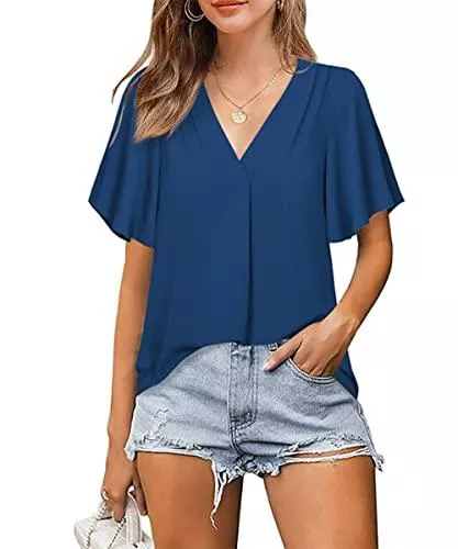 GRMLRPT Kurzarmblusen GRMLRPT Chiffon Blusen Oberteile Damen Bluse Elegant Damen Kurzarm V-Ausschnitt Sommer Hemden Casual Damen Kurzarmshirt(S-XXL,Mehrfarbig)