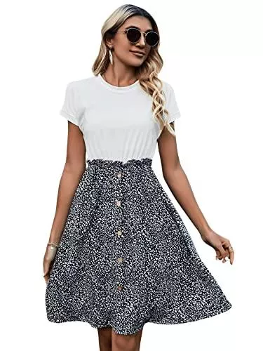 SheIn Freizeit SheIn Damen Kleid A-Linie Sommerkleid Blümchen Böho Kleider Knielang 2-in-1 Freizeitkleid Hohe Taille Blumennkleid Partykleid