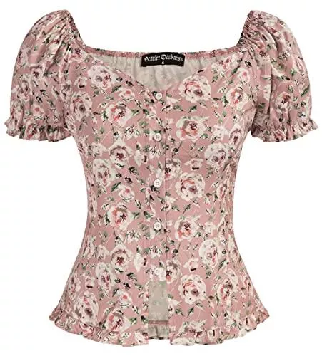 SCARLET DARKNESS Kurzarmblusen SCARLET DARKNESS Damen Renaissance Bluse Kurzarm V-Ausschnitt mit Knöpfen Retro Blumenhemd