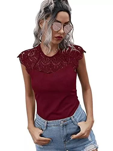 SheIn Tops SheIn Damen Top Flügelärmel Tops Rundhals Oberteil Spitzentop Elegant Shirts mit Spitzeneinsatz