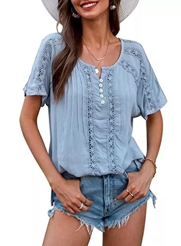 BLENCOT Kurzarmblusen BLENCOT Damen T-Shirt Kurzarm Einfarbig V-Ausschnitt Sommer Blusen Tops Tasten Elegant Oberteile Aushöhlen Hemd 8 Farben S-XXL